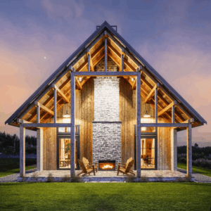Home with lights & fireplace on