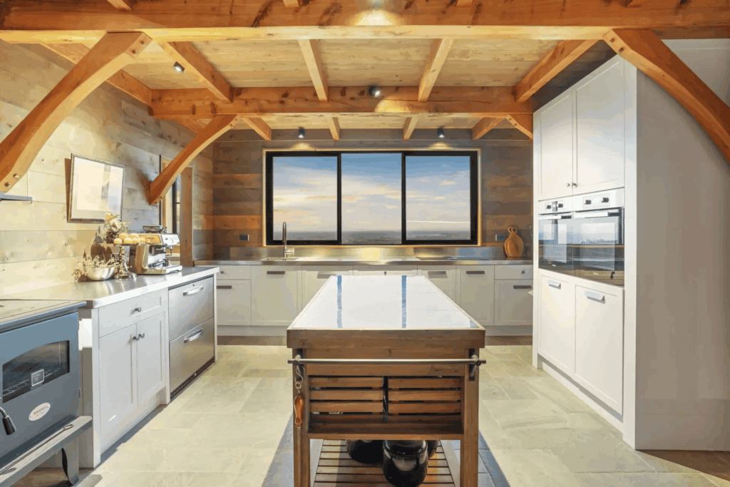 Kitchen of timber barn home